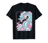 Diseño de dragón turquesa con flores rosas y borde ornamentado Camiseta