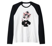 Diseño de Gafas Rosas con diseño de gatita Kawaii, guiñando un Ojo de la Paz Camiseta Manga Raglan