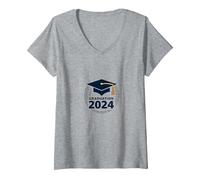 Diseño de Gorra de celebración de graduación 2024 para graduados Camiseta Cuello V, Mujer, Gris Jaspeado, L