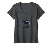 Diseño de Gorra de celebración de graduación 2024 para graduados Camiseta Cuello V, Mujer, Jaspeado Oscuro, L
