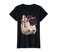 Diseño de Grace Found Me Here Christian Cross Camiseta gráfica económica, Mujer, Negro, M
