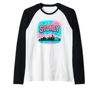 Diseño de horizonte de la ciudad de Sydney con letras de burbujas pastel y estrellas Camiseta Manga Raglan