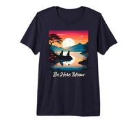 Diseño de meditación Be Here Meow Sunset Cats Camiseta Premium