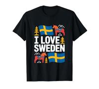 Diseño de símbolos Nacionales I Love Sweden Camiseta gráfica económica, Hombre, Negro, L