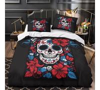 Diseño de tatuaje de calavera 3D Impresión Edredón funda 3pz Microfibra resistente Estilo del Día de los Muertos Funda de edredón 2 fundas cremallera oculta Decoración habitación adolescentes