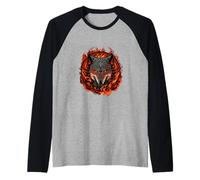 Diseño de tatuaje del logo del emblema del lobo llameante Camiseta Manga Raglan