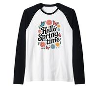 Diseño de tipografía Floral Hello Spring Time Camiseta Manga Raglan
