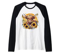 Diseño de Vaca de Las Tierras Altas con Girasoles, Margaritas y Mariposas Camiseta Manga Raglan