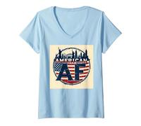 Diseño del Horizonte de la Bandera patriótica Estadounidense de los EE. UU. Camiseta Cuello V, Mujer, Azul Bebé, XXL