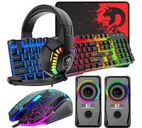 Diseño del Reino Unido Cableado 104 Teclas Teclado para Juegos Ratón Auriculares Altavoz Combo 5 en 1 con retroiluminación RGB múltiple Ratones de 2400 PPP Alfombrilla de ratón Grande para