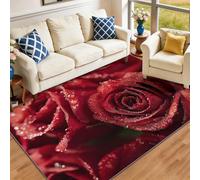 Diseño Estética Floral Rosas Rojas Gotas De Rocío, Alfombra Lavable y Antideslizante 140 x 200 cm, Suave y Cómoda para Salón, Dormitorio o Comedor Mujer, Rojo