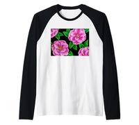 Diseño Floral de Camelia Rosa con patrón de Flores Fucsia Camiseta Manga Raglan