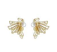 diseño floral y estrella calada oro, para bodas, fiestas y diario | Golden Openwork Star Flower Pearl Stud Earrings, Elegant Women Jewelry for Wedding Party Gift