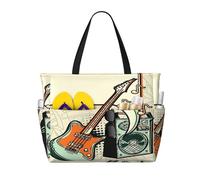 Diseño musical: bolso de playa grande para mujer con diseño de guitarra, amplificador y bocadillo de diálogo, con cremallera y bolsillo impermeable. Bolso de gimnasio ligero y plegable para viajes, c