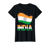 Diseño patriótico Indio Tricolor de Pinceladas de la Bandera de la India Camiseta gráfica económica, Mujer, Negro, XS