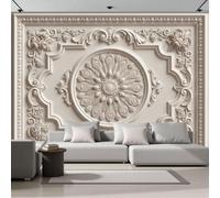 Diseño Plumas Pavo Real Borde Cuadrado Papel Pintado Panorámico Decorativo, Relieves Palacio 3D Mural Impreso Para Dormitorio Sala Estar Sala Juegos, Blanquecino - 400 × 280 Cm
