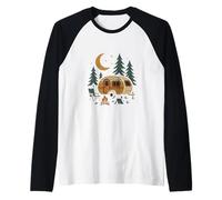 Diseño retro de aventura nocturna de caravana y bosque Camiseta Manga Raglan