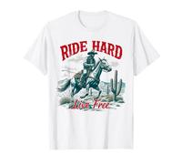 Diseño retro de Ride Hard Live Free, estética de vaqueros del Lejano Oeste Camiseta