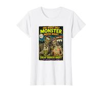 Diseño Retro Horror Zombie Cine Drive-In Monstruos Camiseta gráfica económica, Mujer, Blanco, L