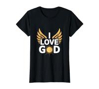 Diseño Sunburst I Love God Wings Camiseta gráfica económica, Mujer, Negro, S