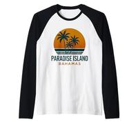 Diseño vintage de Paradise Island Bahamas con puesta de sol tropical Camiseta Manga Raglan