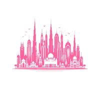 Diseños de siluetas de horizontes de ciudades perfectos Calcomanías de grabado 57.6x81cm Decoración de tiendas Rosa