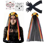 Disfrace de Halloween para mujer «Día de los Muertos»: diadema con calaveras y velo de flores, tatuajes y guantes largos para Carnaval y cosplay (set de diadema naranja + guantes + 2 tatuajes)