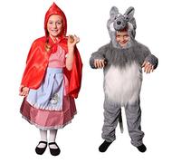 DISFRACES DE CAPERUCITA ROJA Y LOBO PARA NIÑOS - VESTIDO ROJO DE CUADROS VICHY CON DELANTAL AZUL + CAPA CON CAPUCHA ROJA & MONO GRIS CON CAPUCHA (X-GRANDE Y GRANDE)