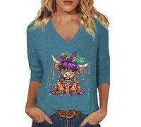 Disfraces de Carnaval Estampado Camiseta con Cuello en V, Blusa Casual con Mangas Tres Cuartos para Vestidos Festivos de Vida Diaria, azul, S