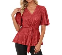 Disfraces De Carnaval Para Mujer - Blusa Tipo Camiseta Con Escote En V Manga Corta Acampanada Cuello Con Brillo Y Lazo Al Frente Ideal Para Uso Diario Tanto Para Ocasiones Informales Como De Fiesta