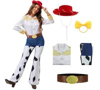 Disfraces de Cosplay para Mujeres de Anime Jessie, Toy Cowgirl Story, Jessie, Sombrero, Camisa, Jeans, cinturón, Lazo, Conjunto de Pantalones con Estampado de Vaca, Trajes de Hallo