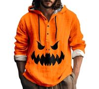 Disfraces de Halloween para hombre, con capucha de Jack O' Lantern de lino con capucha de 1/4 con botones, sudadera de manga larga, Orange5 - Sudaderas con capucha de Halloween para hombre, XXL