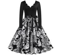 Disfraces de Halloween para Mujer Falda con Estampado de Calavera y Rosa de Cóctel de Cosplay de Halloween Negro, Diseño de Pétalos con Cuello en V Disfraz de Vestido Largo Espantoso de Carnaval