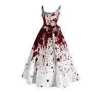 Disfraces de Halloween para Mujer, Vestido Acampanado con Estampado Sangriento, túnica sin Mangas, Vestido de cóctel, Vestidos de Invitados de Boda (Red, S)