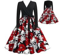 Disfraces de Halloween para Mujer,Vestidos Halloween Mujer,Las Señoras con Cuello en V Vestidos,Día de los Muertos Cráneo Rojo Impreso Vestido de Manga Larga,Vestidos Vintage de Otoño,Fiesta-S