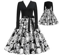 Disfraces de Halloween para Mujer,Vestidos Halloween Mujer,Las Señoras con Cuello en V Vestidos,Día de los Muertos Cráneo Impreso Vestido de Manga Larga,Vestidos Vintage de Otoño,Fiesta-M