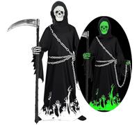 Disfraces de Niños de la Parca con Guadaña y Cadena en la Cintura,Deluxe Glow in The Dark Halloween Costume Boys Grim Reaper Costume for Halloween Carnival Fancy Dress