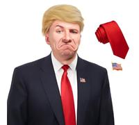 Disfraces de peluca Trump para Halloween - Peluca graciosa del presidente Donald con corbata roja y broche de bandera para adulto, peluca rubia de celebridad para fiesta para hombres y mujeres (peluca
