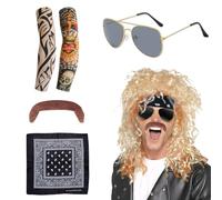 Disfraces de Rock Kit de Rockero 70 80 90 Costumes， Disfraz Rockero Metal Pesado ，Disfraces de Rock con Peluca Guantes Gafas de sol, Pañuelos,Mangas，Halloween Accesorios Punk Cosplay Fiesta
