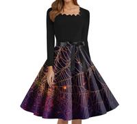 Disfraces Halloween Mujer Manga Larga Disfraz Medieval Mujer Glamour Único Gracioso Vestidos De Largo Medio Vestidos Exquisito Chic Estampados Dress Cuello Cuadrado Morado Oscuro 3XL