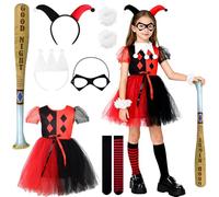 Disfraces Halloween Niña, Quinn Disfraz para Niñas, Chicas Villano Suicide Traje, con falda de tul Palo de pelota inflable Mascarilla para Halloween Carnaval Fiesta de Cosplay (Rojo y negro, M)