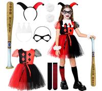 Disfraces Halloween Niña, Quinn Disfraz para Niñas, Chicas Villano Suicide Traje, con falda de tul Palo de pelota inflable Mascarilla para Halloween Carnaval Fiesta de Cosplay (Rojo y negro, S)