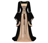 Disfraces Mujer Medieval renacentista Vestido Terciopelo Manga Corta Vintage Victoriano gotico con Manga Larga de Llamarada Negro XL