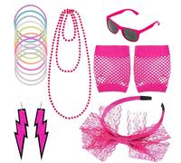Disfraces Retro De Los 80 Para Mujeres - Vestidos Elegantes, Accesorios De Ropa De Fiesta | Banco De Encaje, Pendientes, Guantes De Red, Gafas Retro, Collar, Pulsera De Diversión Para Fez