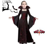 Disfraces Vampiros Niña,Vestido de Vampiro con Collar,Disfraz Vampiresa Gotica para niñas,Disfraz de Bruja Reina Vampiresa,Disfraz Vampira Niña para Halloween,Cosplay, Fiestas de Disfraces (1.4m)