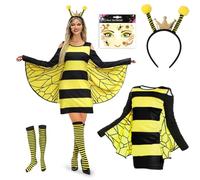 Disfraz Abeja Adulto Mujer, Vestido Abeja Mujer, Disfraz Abej-a Accesorios con Abej-a Antena Diadema, Rayas Calcetines, Pegatinas de Cara, Traje Disfra-z de Abej-a para Carnaval Halloween Cosplay