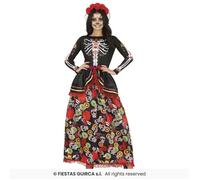 FIESTAS GUIRCA Disfraz de Catrina - Vestido Largo con Estampado Calaveras y Diadema con Flores para Mujer Adulta Talla M 38-40
