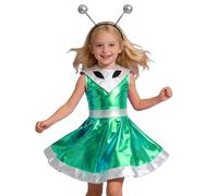 Disfraz Alien Niña Disfraces Carnaval Vestido Plateado Y Azul con Holograma Metálico Traje Espacial Brillante Minifaldas Y Diadema de Alienígena Vestidos Chica para Extraterrestre Halloween #E303