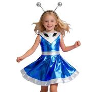 Disfraz Alien Niña Disfraces Carnaval Vestido Plateado Y Azul con Holograma Metálico Traje Espacial Brillante Minifaldas Y Diadema de Alienígena Vestidos Chica para Extraterrestre Halloween #E303