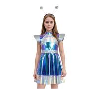 Disfraz Alien Niña Disfraces Carnaval Vestido Plateado Y Azul con Holograma Metálico Traje Espacial Brillante Minifaldas Y Diadema de Alienígena Vestidos Chica para Extraterrestre Halloween